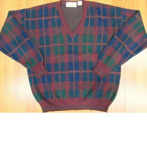 VTG OTTIMO Mens ACRYLIC/WOOL V-NECK SWEATER MAROON PLAID Sz LARGE, L